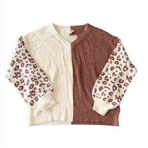 SALE - Eesome Women's Medium Color block Animal Print Chunky Knit Sweater Brown